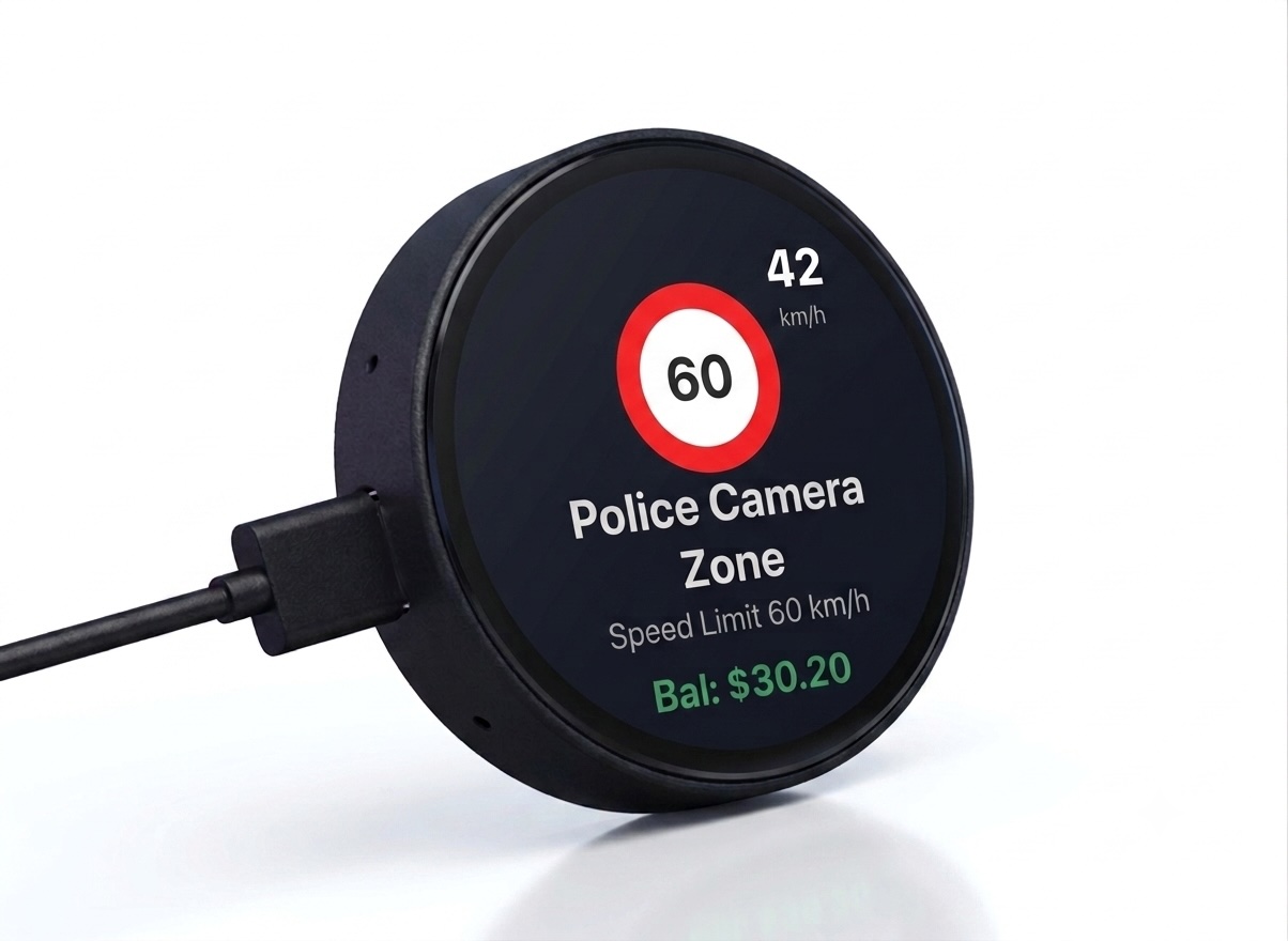 Gantry OBU display powered on, showing a police camera zone alert with speed and balance