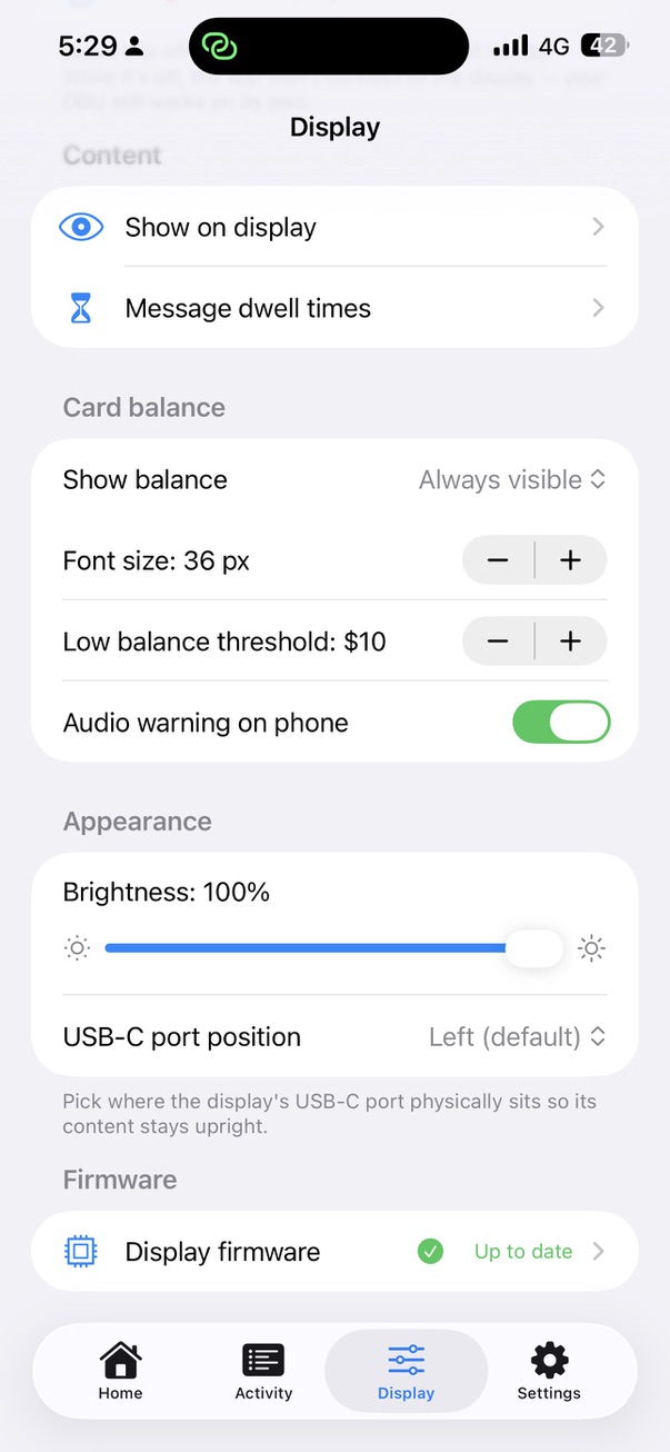 The lower Display tab: Card balance settings, Appearance (brightness and USB-C port position), and the Firmware row.