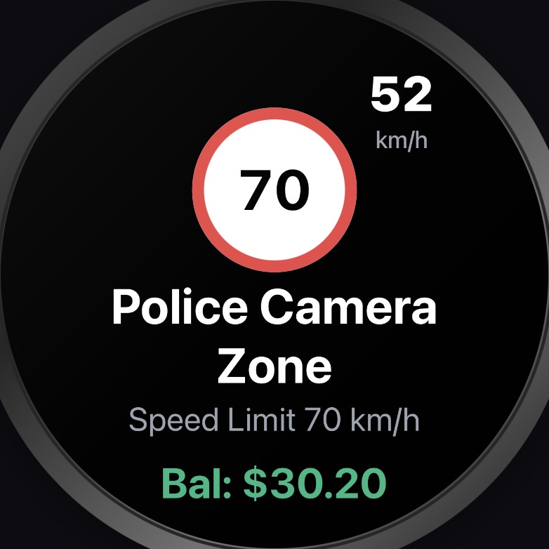 Round AMOLED display showing an ERP alert with a road-sign icon and charge amount