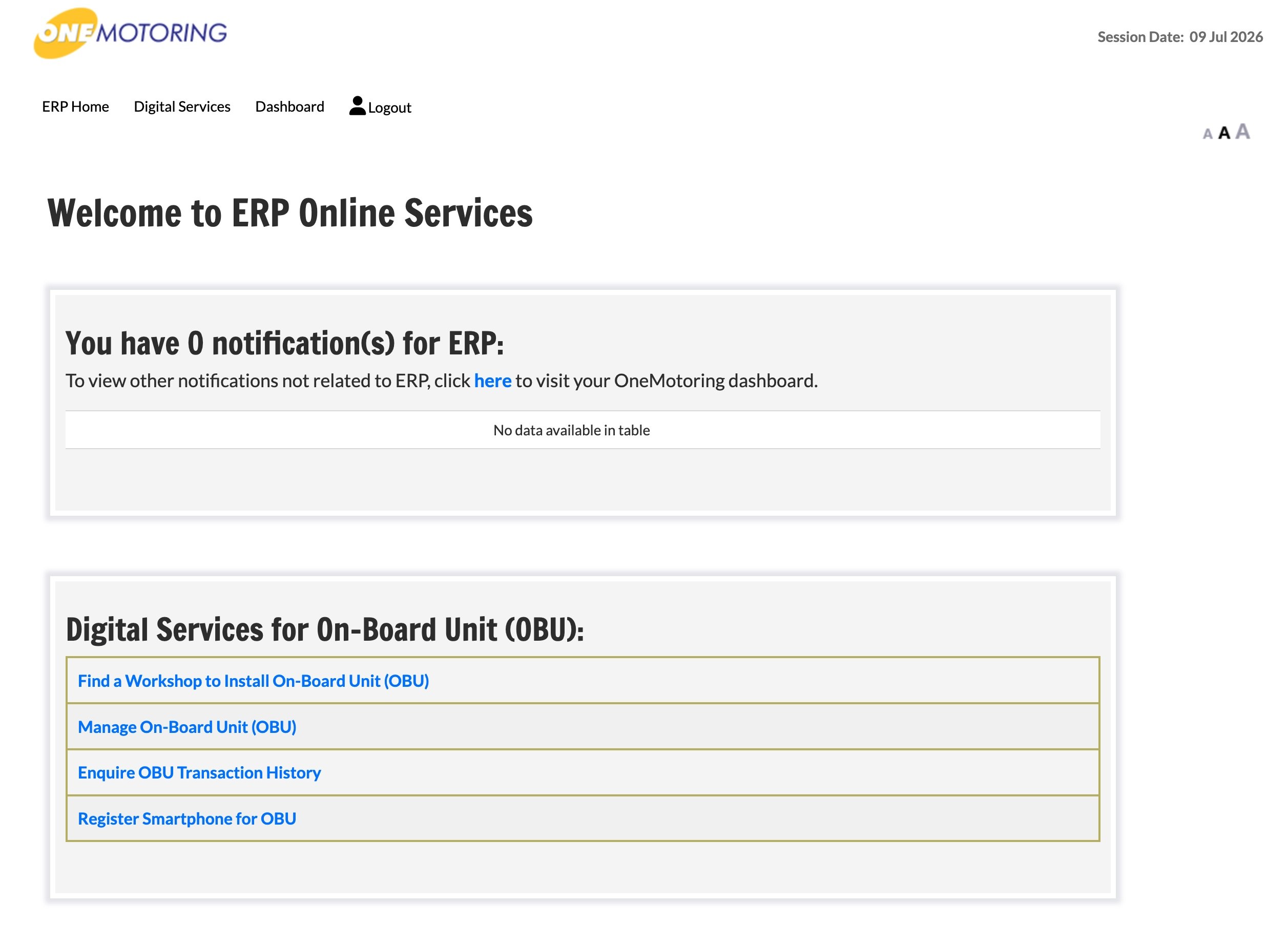 ERP Online Services page with the 'Register Smartphone for OBU' link under Digital Services for On-Board Unit