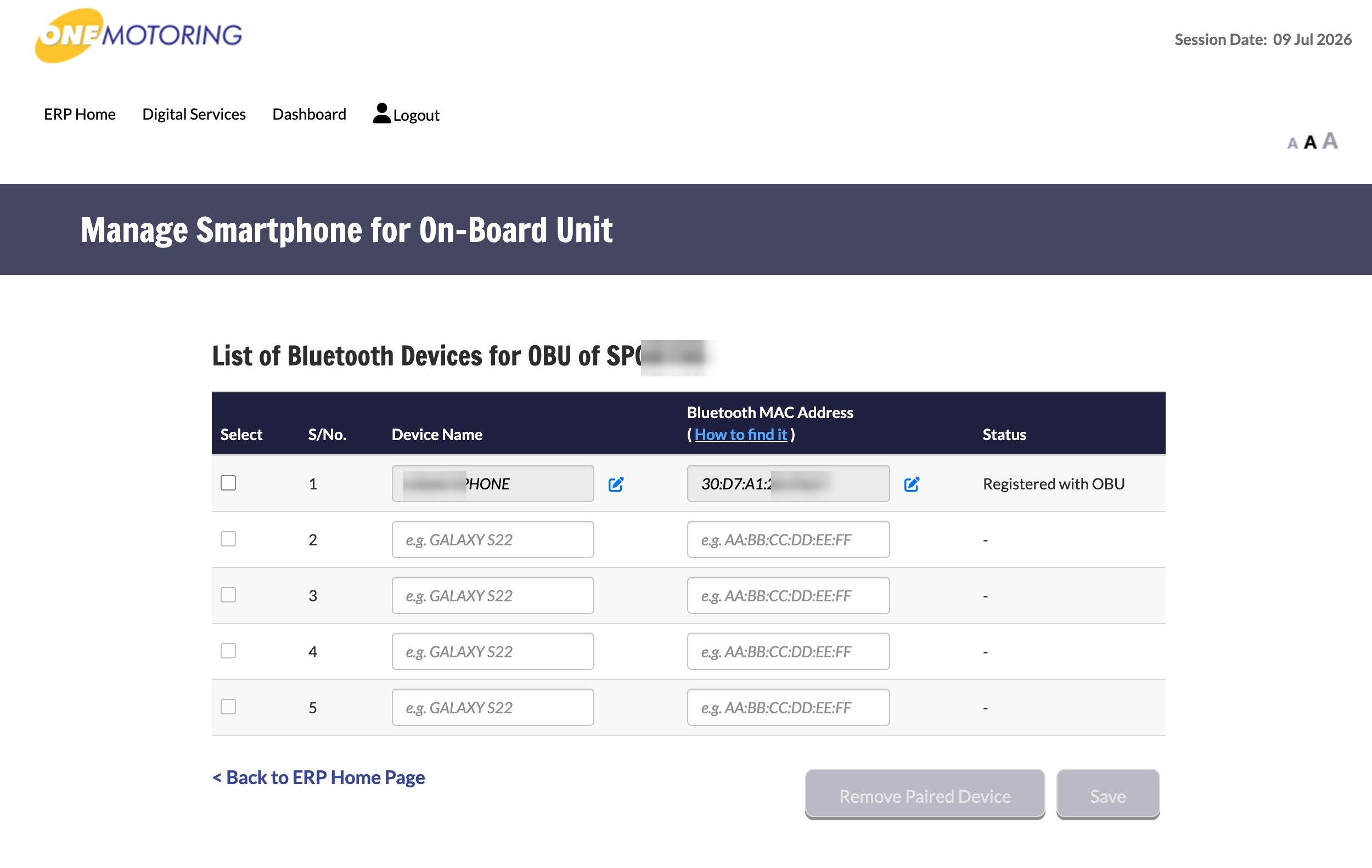 Manage Smartphone for On-Board Unit page: a device name and Bluetooth MAC address entered, with status 'Registered with OBU'